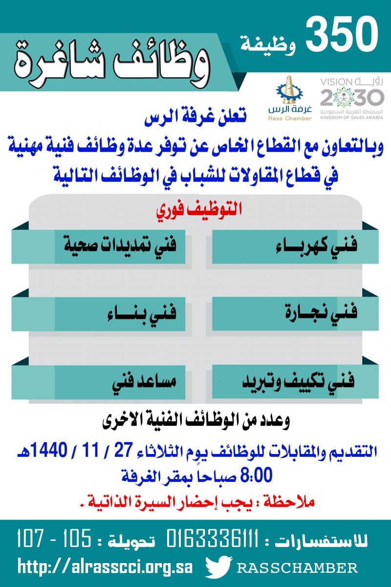 وظائف شاغرة بالقطاع الخاص الغرفة التجارية الصناعية بمحافظة الرس